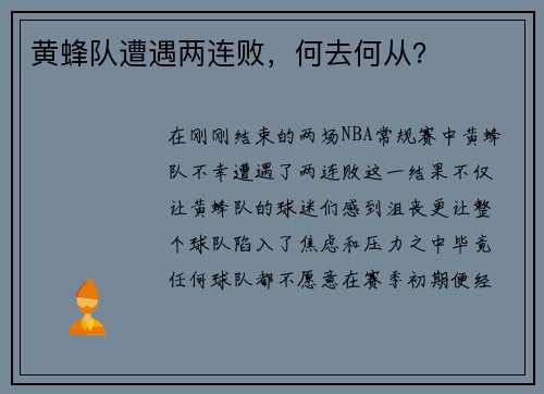 黄蜂队遭遇两连败，何去何从？